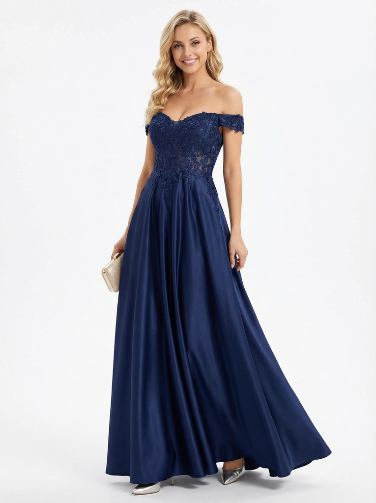 Elegant Lace Off Shoulder A-line Floor Length Satin Long Party Prom Dresses