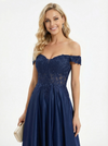 Elegant Lace Off Shoulder A-line Floor Length Satin Long Party Prom Dresses