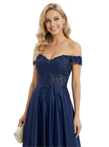 Elegant Lace Off Shoulder A-line Floor Length Satin Long Party Prom Dresses