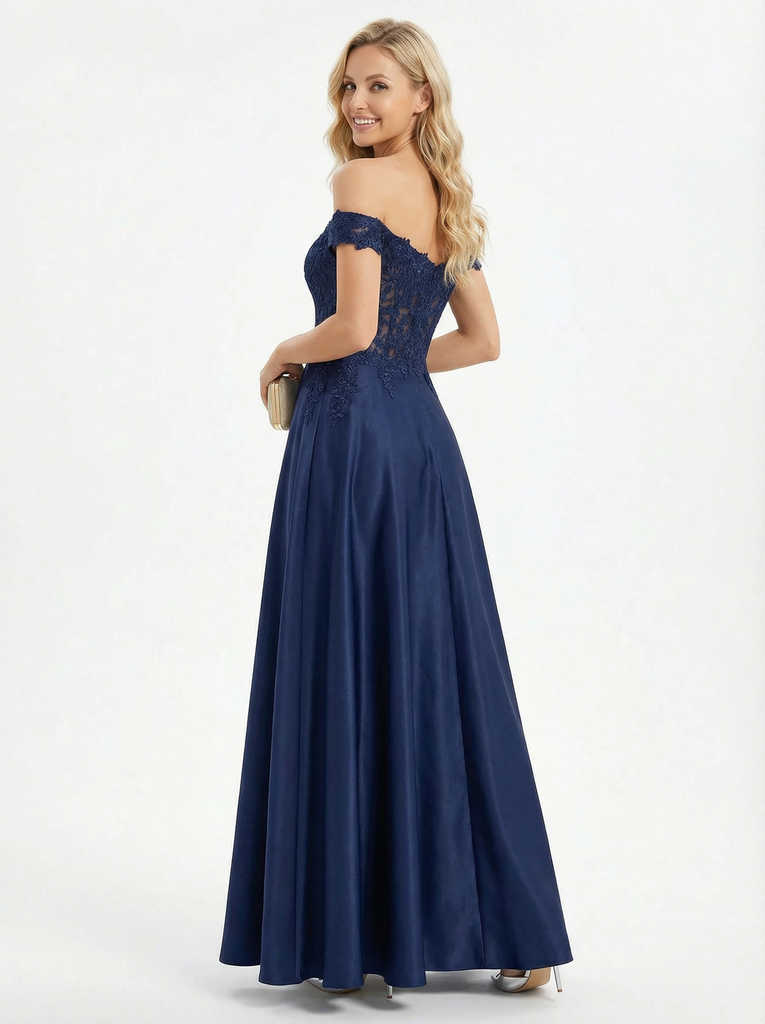 Elegant Lace Off Shoulder A-line Floor Length Satin Long Party Prom Dresses