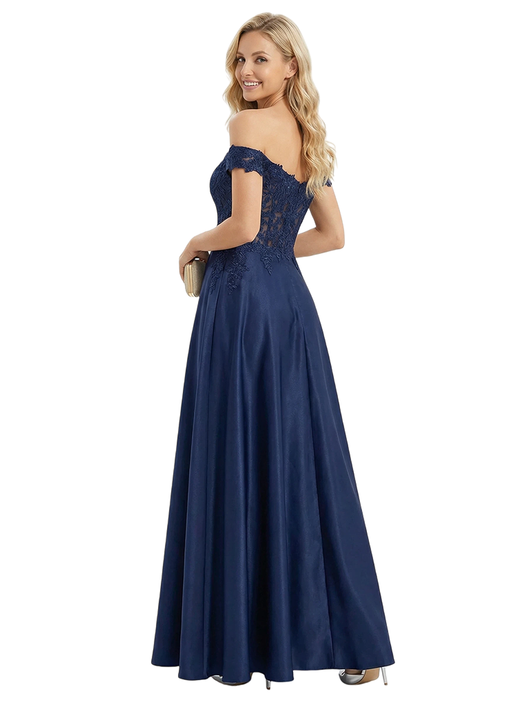 Elegant Lace Off Shoulder A-line Floor Length Satin Long Party Prom Dresses