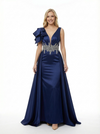Gorgeous Satin V-neck A-line Beaded Ruffle Long Mermaid Party Prom Dresses Overskirt