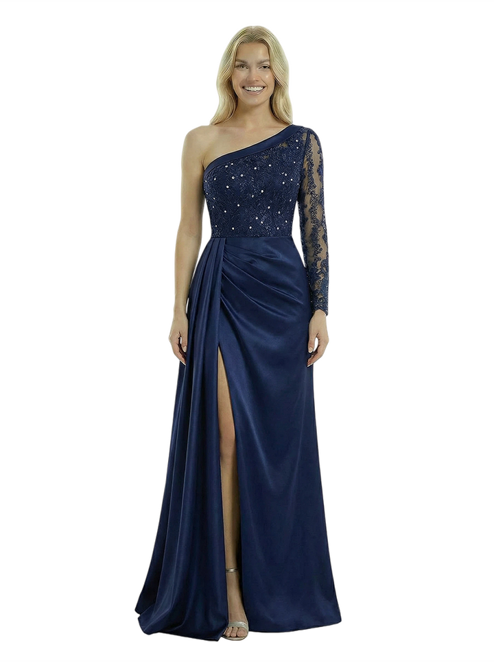 Elegant Satin Beaded One Shoulder Mermaid Side Slit Long Sleeve Party Prom Dresses