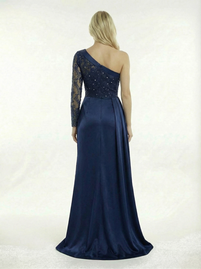 Elegant Satin Beaded One Shoulder Mermaid Side Slit Long Sleeve Party Prom Dresses