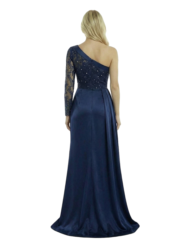 Elegant Satin Beaded One Shoulder Mermaid Side Slit Long Sleeve Party Prom Dresses