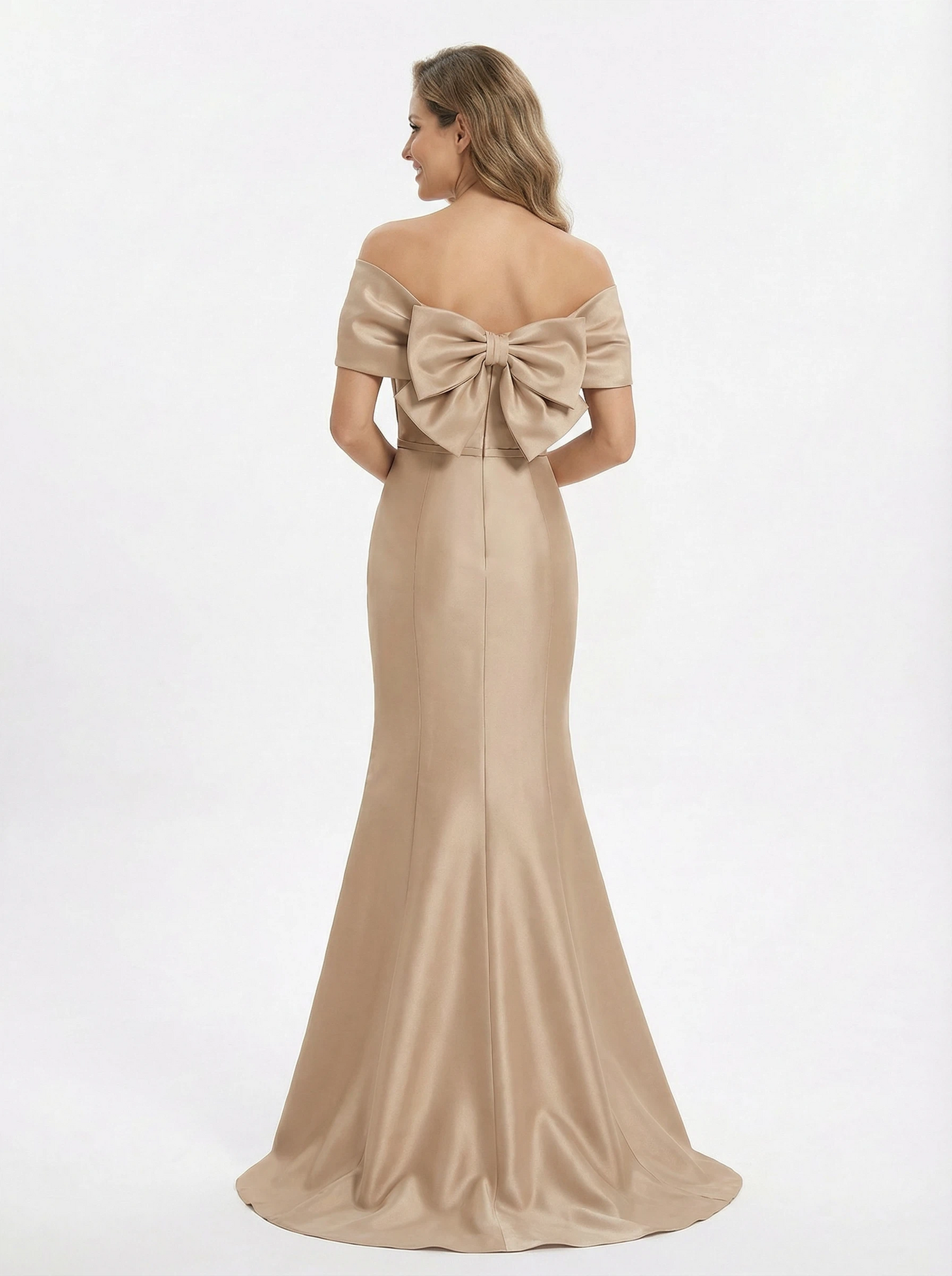 Elegant Off Shoulder Bow Knot Ruched Satin Mermaid Mother of the Groom Evening Dress