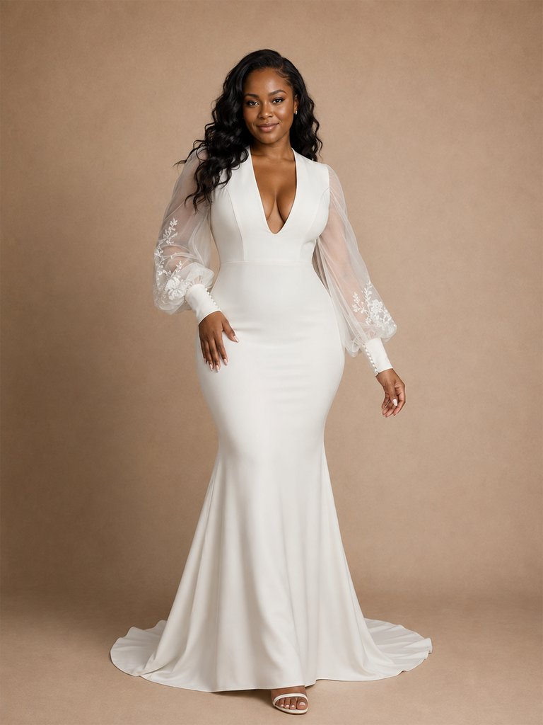 ChicSew Modern Sexy V-Neck Long Tulle Sleeves Crepe Mermaid Maxi Wedding Dress