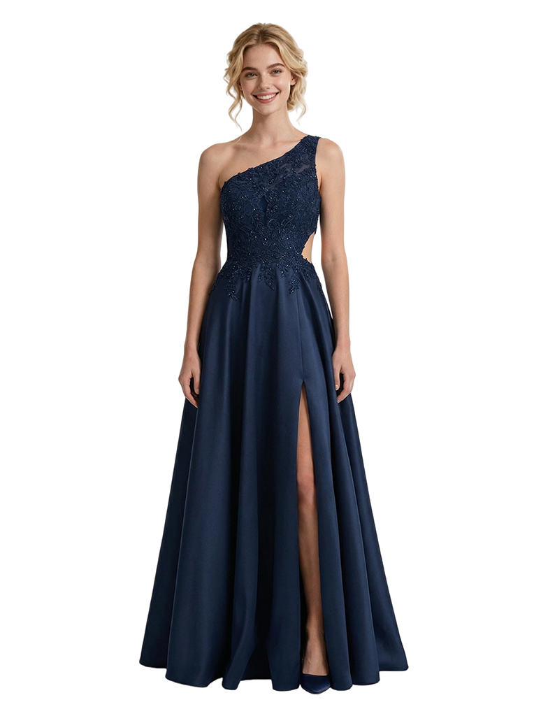 Elegant Satin Beaded One Shoulder A-line Side Slit Party Prom Dresses For Graduation