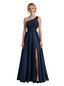 Elegant Satin Beaded One Shoulder A-line Side Slit Party Prom Dresses For Graduation