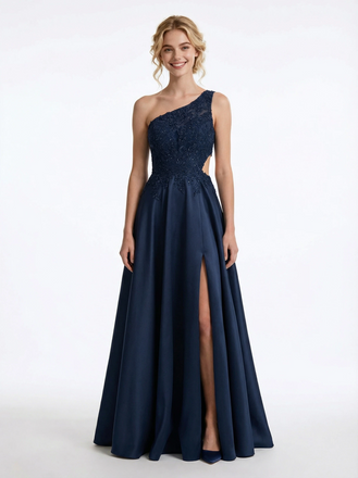 Elegant Satin Beaded One Shoulder A-line Side Slit Party Prom Dresses For Graduation