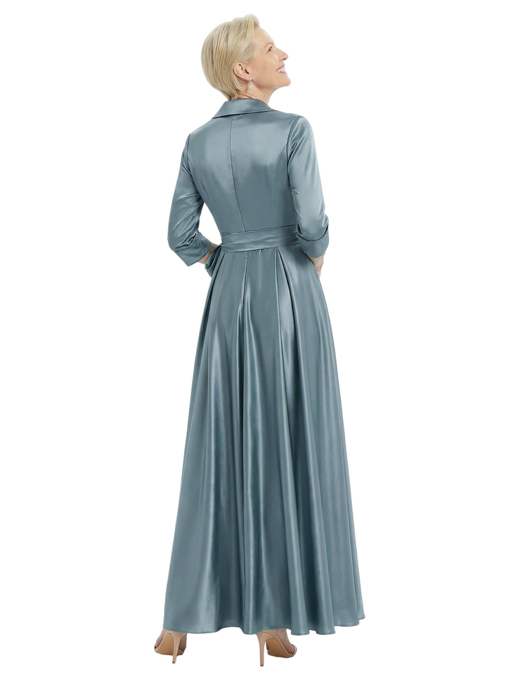 Blazer Collar Satin Mother Of The Bride Dress 3/4 Rolled Sleeves A-Line Maxi Gown