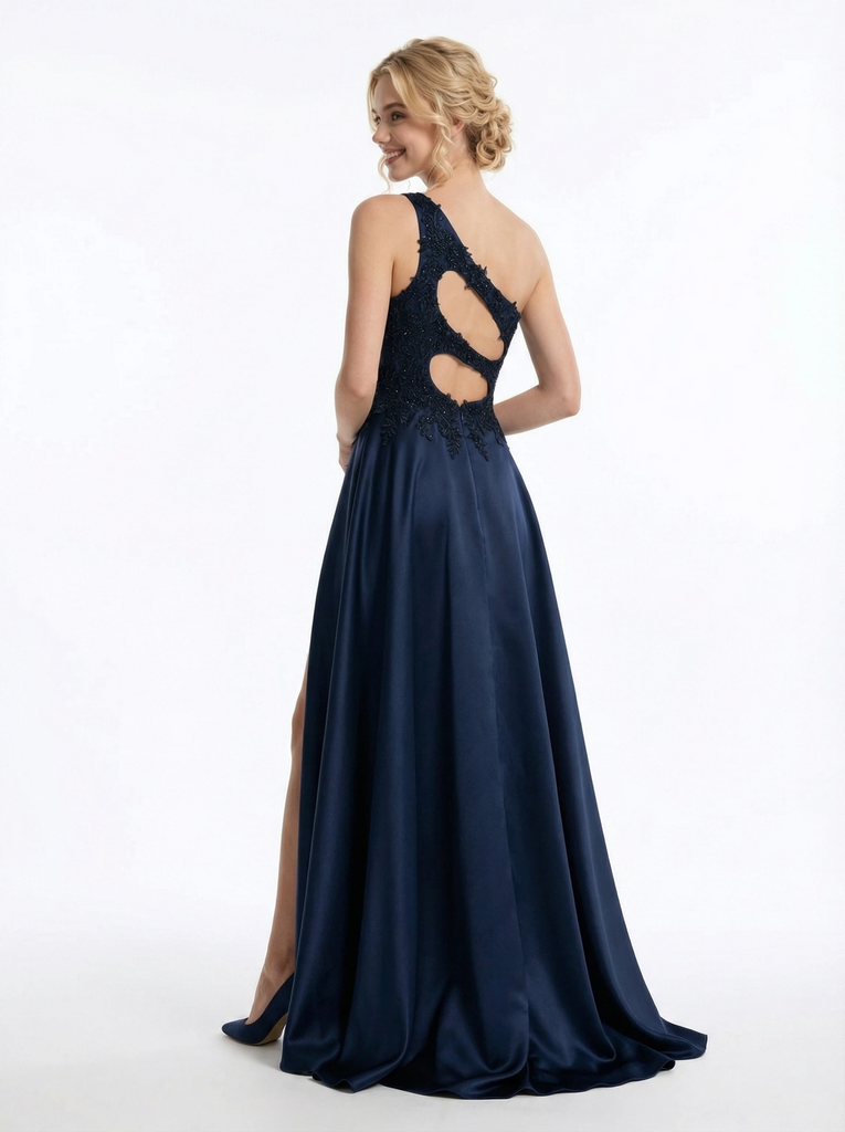 Elegant Satin Beaded One Shoulder A-line Side Slit Party Prom Dresses For Graduation