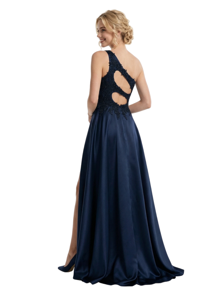 Elegant Satin Beaded One Shoulder A-line Side Slit Party Prom Dresses For Graduation