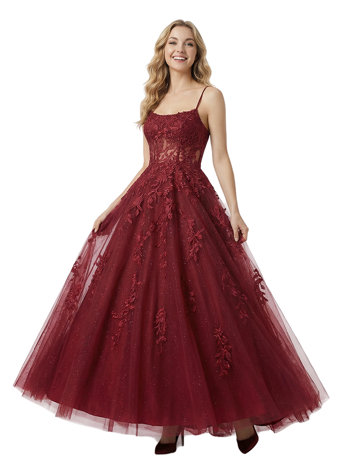 Sweet Tulle Applique Spaghetti Straps Long Party Prom Dresses