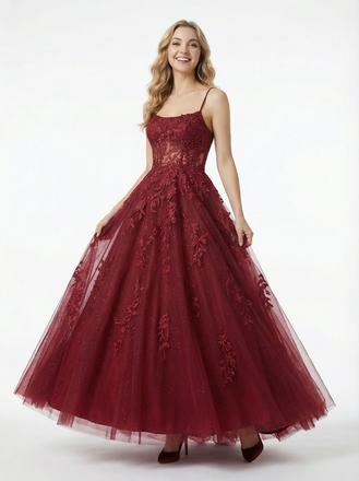 Sweet Tulle Applique Spaghetti Straps Long Party Prom Dresses