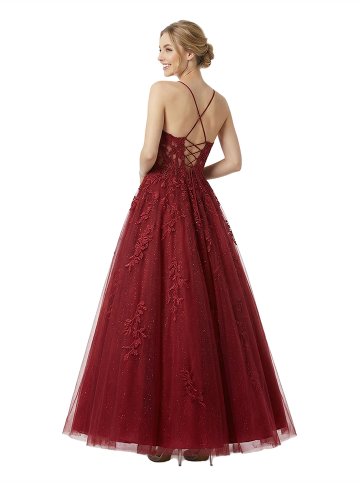 Sweet Tulle Applique Spaghetti Straps Long Party Prom Dresses