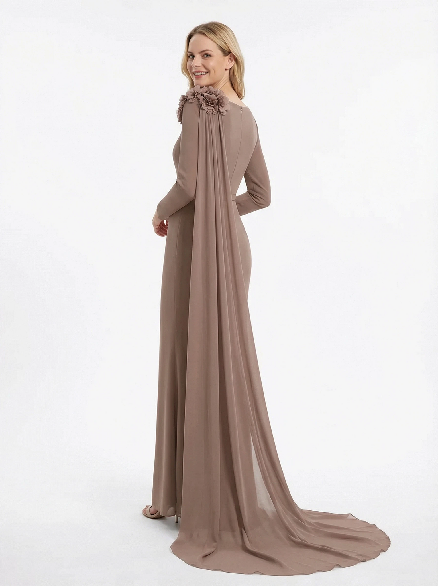 Chiffon Mother Of The Groom Dress Long Sleeves Mermaid Maxi Gown With Shoulder Flower Cape Formal Wedding Wear