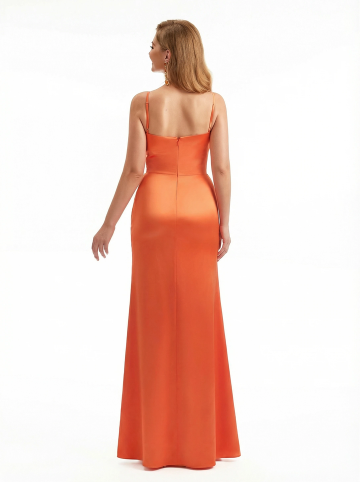 Sexy Cowl Side Slit Mermaid Soft Satin Long Formal Gowns For Women Spaghetti Straps