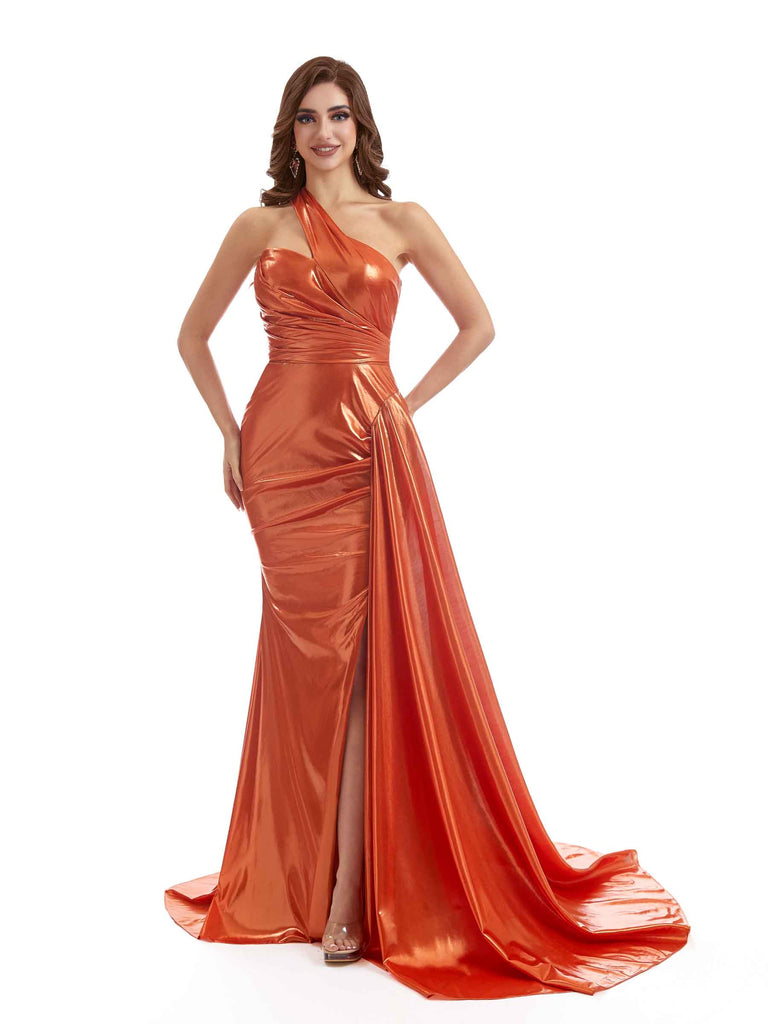 One shoulder Side Slit Sexy Mermaid Metallic Stretch Shiny Fabric Long Bridesmaid Dresses Online