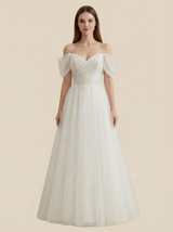 A-Line V-neck Off Shoulder Maxi Long Sequin Tulle Wedding Dresses Online