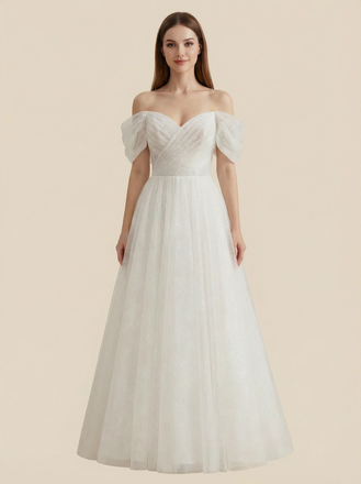 A-Line V-neck Off Shoulder Maxi Long Sequin Wedding Dresses Online