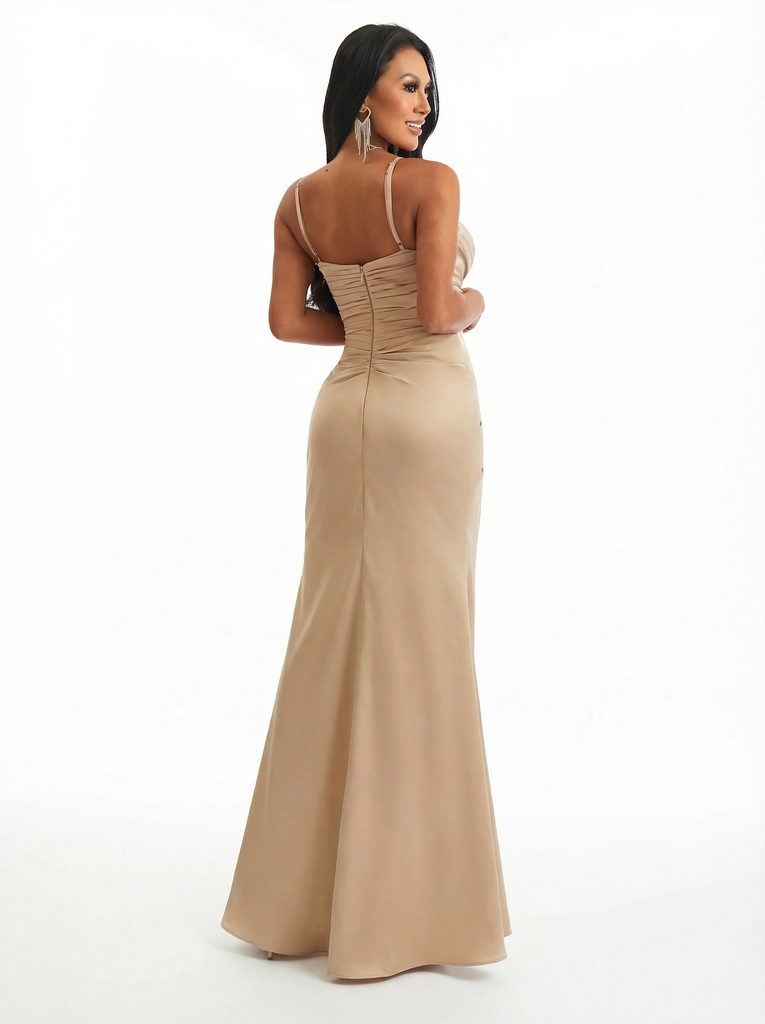 Modern Side Slit Mermaid Ruched Satin Long Formal Evening Dresses Spaghetti Straps