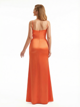 Women's Elegant Mermaid Ruched Satin Long Formal Evening Dresses Spaghetti Straps Side Slit