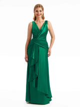 Sexy Side Split V-Neck Ruffle Ruched Satin Maxi Wedding Guest Dresses