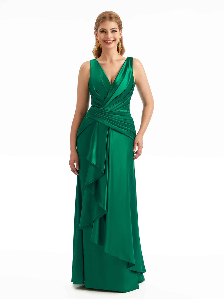 Sexy Side Slit V-Neck Floor Length Long Satin Unique Bridesmaid Dresses Online