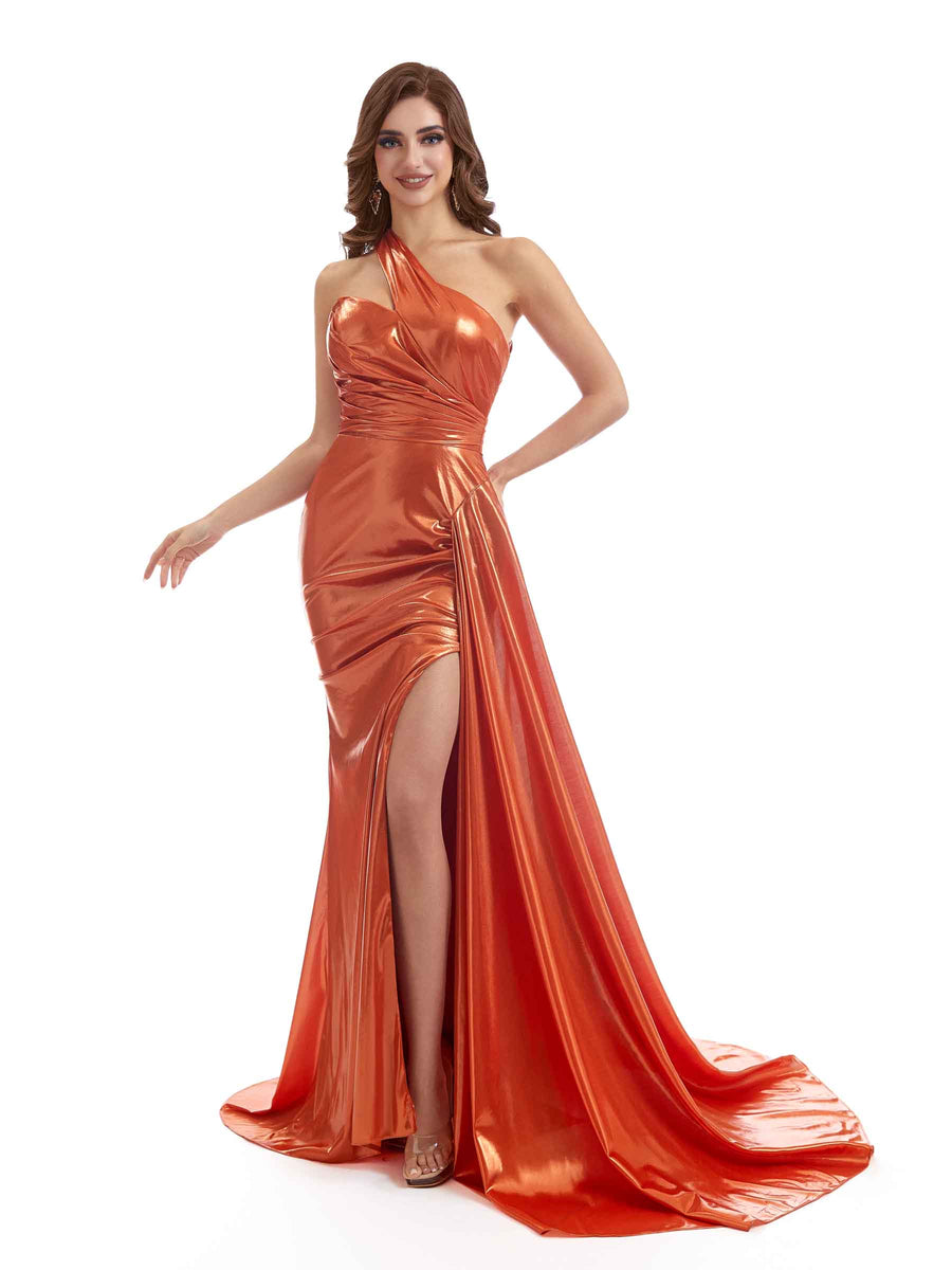One shoulder Sexy Side Split Mermaid Pleated Metallic Maxi Dresses Online