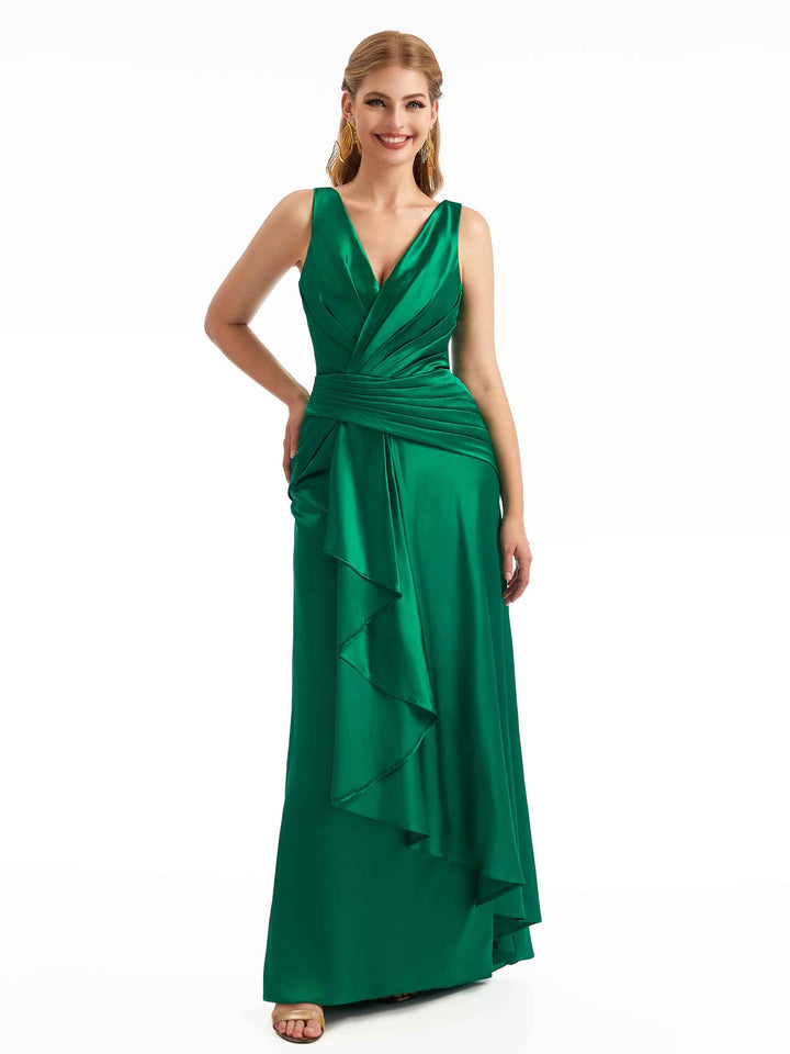 Sexy Side Split V-Neck Ruffle Ruched Satin Maxi Wedding Guest Dresses