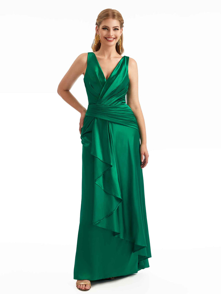 Sexy Side Slit V-Neck Floor Length Long Satin Unique Bridesmaid Dresses Online