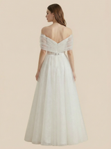 A-Line V-neck Off Shoulder Maxi Long Sequin Tulle Wedding Dresses Online
