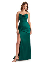 Sexy Side Slit Mermaid Silky Satin Spaghetti Straps Unique Wedding Guest Dresses