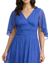Chicsew Classy V-Neck A-Line Short Sleeves Glitter Jersey Mother Of The Groom Dress Ruched Evening Gown