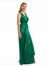 Sexy Side Split V-Neck Ruffle Ruched Satin Maxi Wedding Guest Dresses