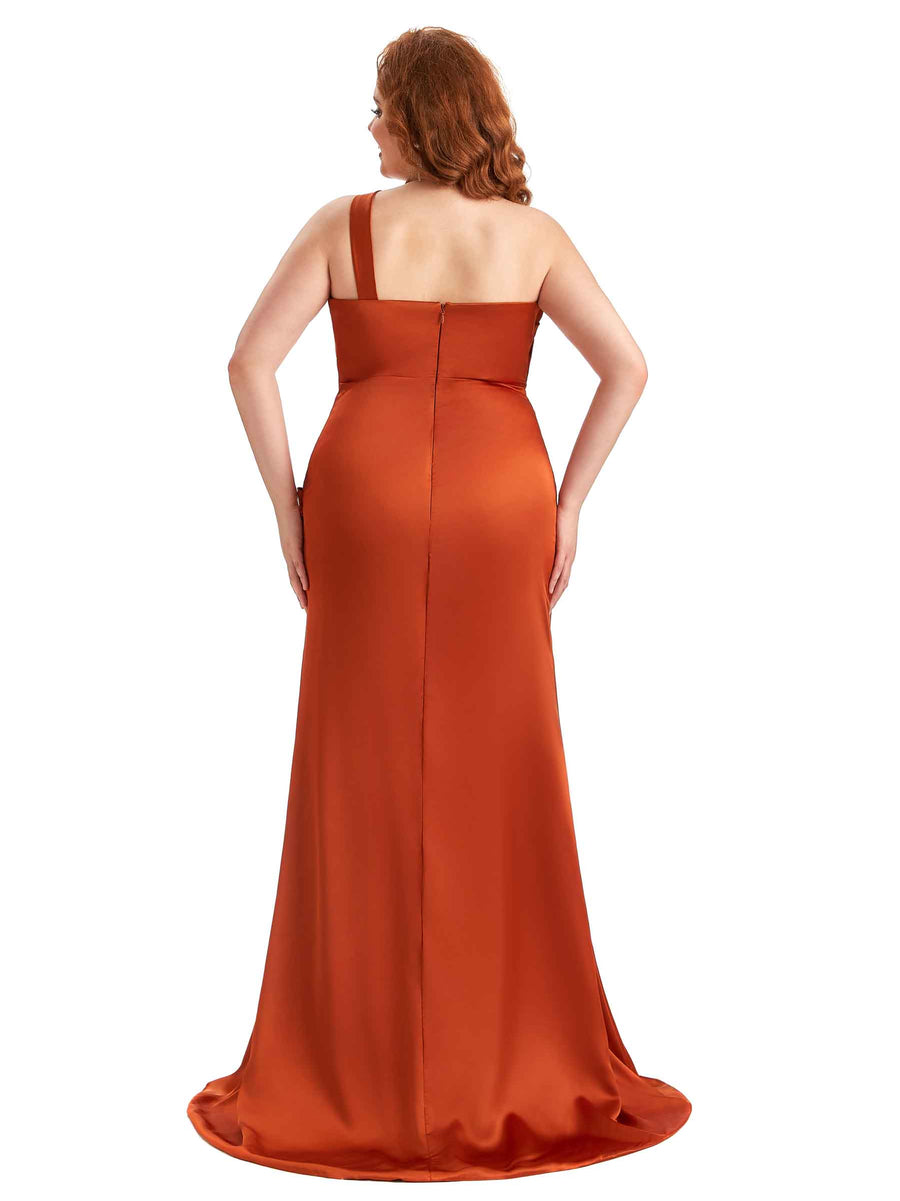 Plus Size Sexy Side Slit One Shoulder Mermaid Soft Satin Long Matron of Honor Dress For Wedding