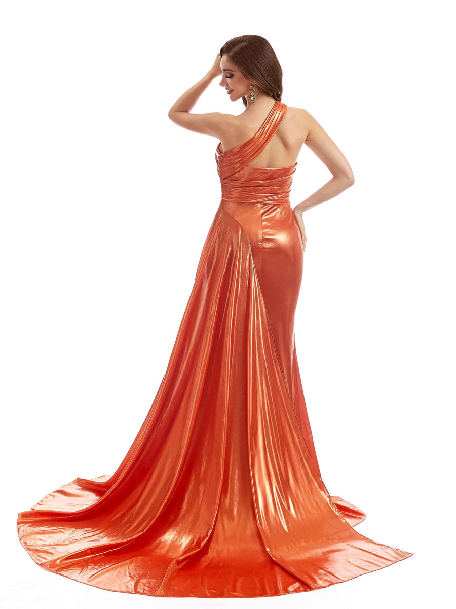 One shoulder Sexy Side Split Mermaid Pleated Metallic Maxi Dresses Online