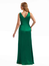 Sexy Side Split V-Neck Ruffle Ruched Satin Maxi Wedding Guest Dresses