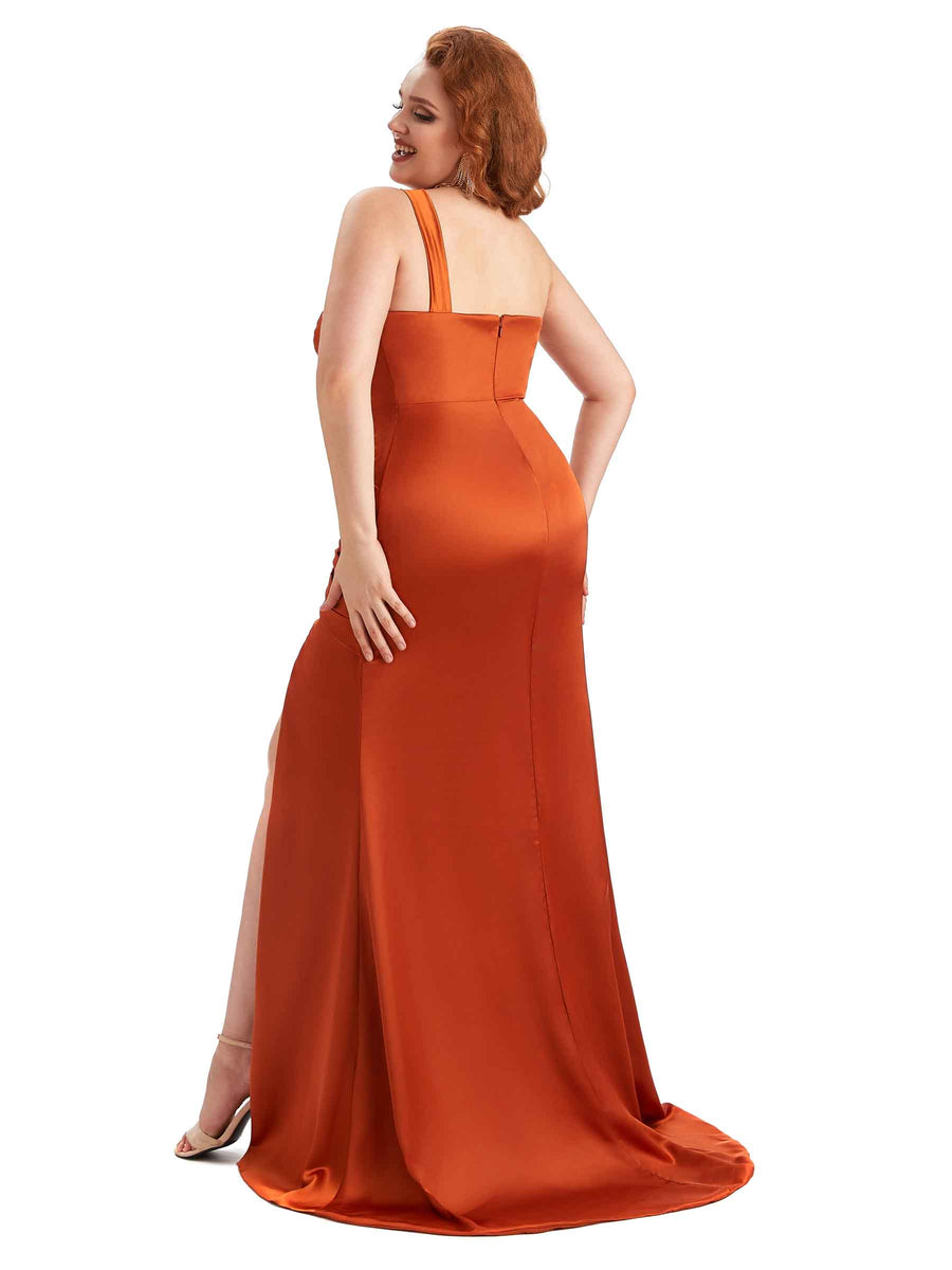 Plus Size Sexy Side Slit One Shoulder Mermaid Soft Satin Long Matron of Honor Dress For Wedding