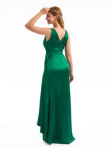 Sexy Side Split V-Neck Ruffle Ruched Satin Maxi Wedding Guest Dresses