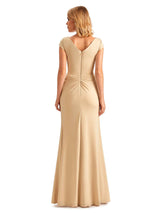 Sexy Side Slit Short Sleeves Mermaid Soft Satin Unique Long Maid of Honor Dresses
