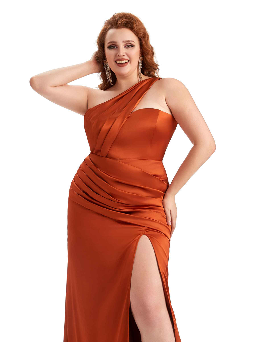 Plus Size Sexy Side Slit One Shoulder Mermaid Soft Satin Long Matron of Honor Dress For Wedding