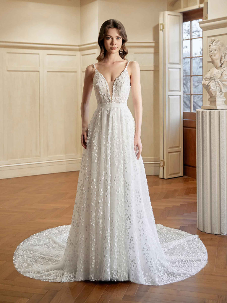Ivory A-line Spaghetti Straps V-neck Maxi Long Lace Wedding Dresses Online - ChicSew Ivory A-line Spaghetti Straps V-neck Maxi Long Lace Wedding Dresses Online - ChicSew