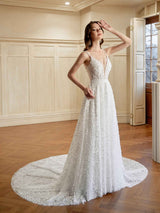 Off White A-line Spaghetti Straps V-neck Maxi Long Lace Wedding Dresses Online