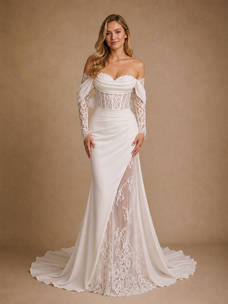 ChicSew Beautiful Unique Sweetheart Boning Long Sleeves Ruched Mermaid Lace Chiffon Maxi Wedding Dress