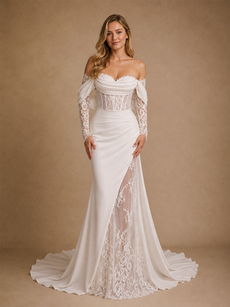 ChicSew Beautiful Unique Sweetheart Boning Long Sleeves Ruched Mermaid Lace Chiffon Maxi Wedding Dress