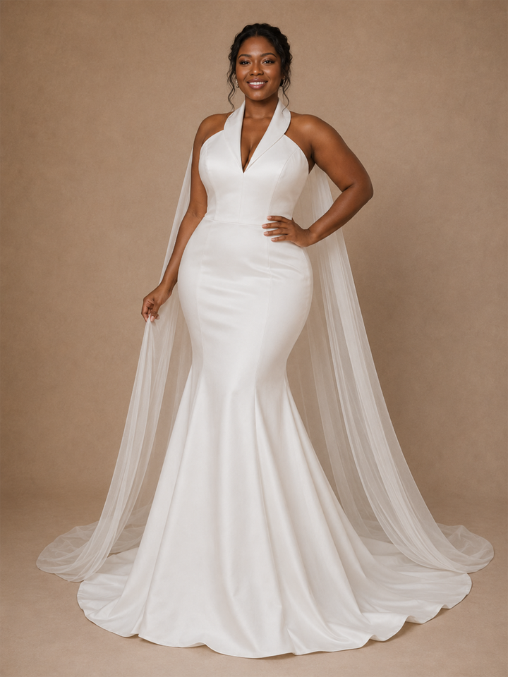 ChicSew Modern V-Neck Halter Strap Sleeveless Mermaid Satin Floor-Length Wedding Dress