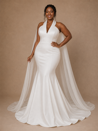 ChicSew Modern V-Neck Halter Strap Sleeveless Mermaid Satin Floor-Length Wedding Dress