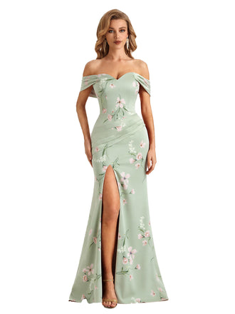 Trendy Off Shoulder Side Slit Mermaid Long Satin Floral Formal Evening Dresses For Ladies
